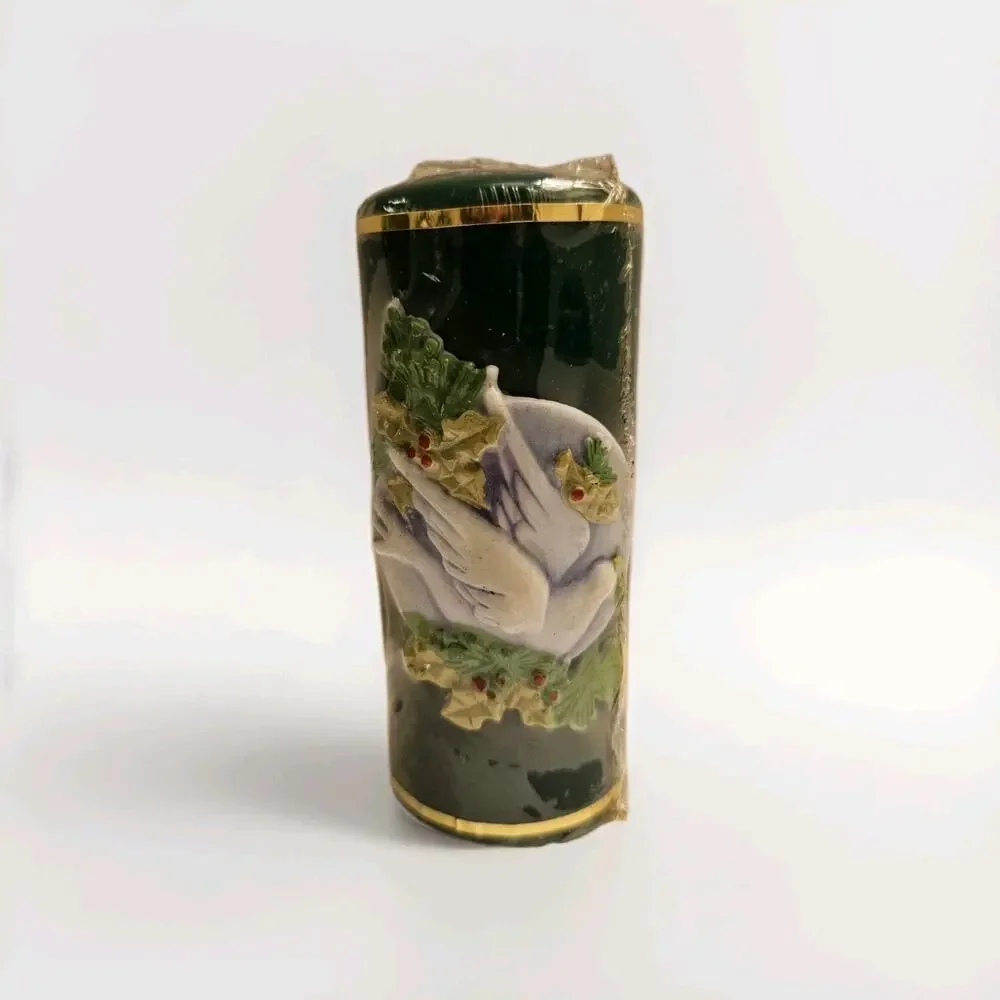Vintage Christmas Candle Sculpted Green Dove Holly Carved 3D 6” x 2.5